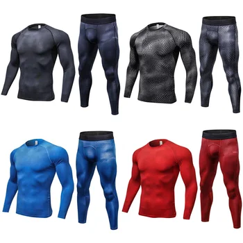 Мъжки еластични блузи с дълъг ръкав и принтом за фитнес, спортни стегнати панталони, комплект за спортни облекла SPSYL0112