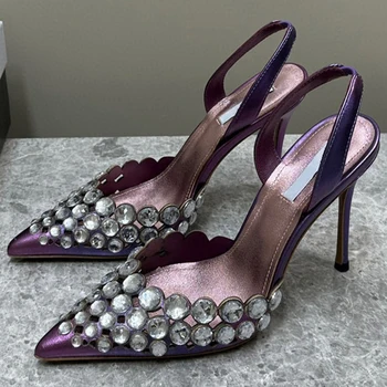 2023 Дамски сандали, лятна нов, уникален дизайн на върха с пайети, обувки на висок ток с остър пръсти, модни универсална дамски обувки
