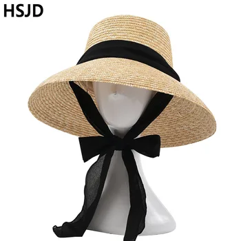 Слънчеви шапки от естествена пшеница, дамски класически, черна сламена шапка Хепбърн, лятна шапка от ръчно изработени шапка с козирка за почивка на плажа