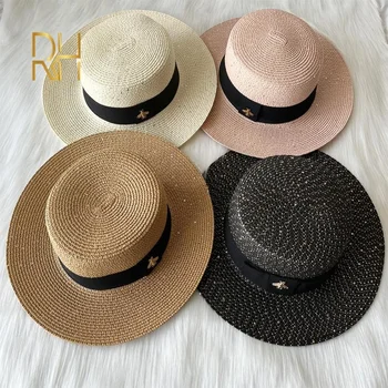 Модни сламена шапка с пайети от солнцезащитной хартия, пролет-лято, британска панама с плосък покрив, козирка, плажна шапка Golden Bee