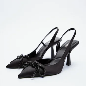 Дамски черни блестящи сандали с бантиком на висок ток, чубрица обувки на висок ток