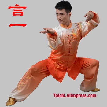 Облекло за тайдзи наклон цвят с бродерия дракон, кунг-фу, костюм за бойни изкуства, форма за изяви, оранжев, син, черен