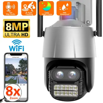 WIFI IP Камера 4K 8-МЕГАПИКСЕЛОВА PTZ Камера Външна 2,8 + 12 мм Двухобъективная 8-Кратно Увеличение Камера за Сигурност Автоматично Следене на P2P CCTV Наблюдение iCSee