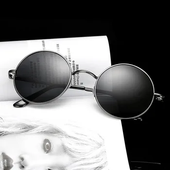 Ретро кръгли поляризирани слънчеви очила, Мъжки, женски Vintage слънчеви очила в метални рамки с черни лещи Вечерни очила за шофиране, риболов UV400