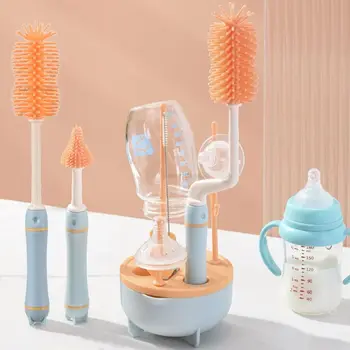 Силиконова четка за бебешки бутилки с дълга дръжка и поставка за сушене, определени комбинирани въртящи се на 360 градуса четки за почистване на бебешки бутилки