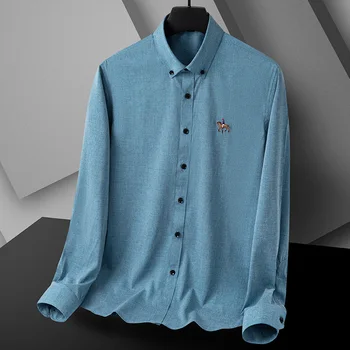 Нова памучен и бельо риза с дълъг ръкав, мъжки дишащи и удобни, стандартната версия, бизнес и ежедневни мъжки дрехи копчета