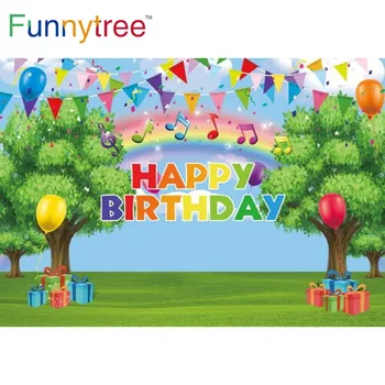 Funnytree Дъгата рожден ден облачен фон дървета мультяшные гледна балон Музикален банер Трева Подаръци фон за душата на детето