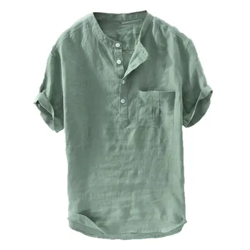Мъжки памучни ленени ризи, ежедневни лятна брандираната риза с къс ръкав и яка, копчета, обикновена тениска в ретро стил, дишащи потници, блузи