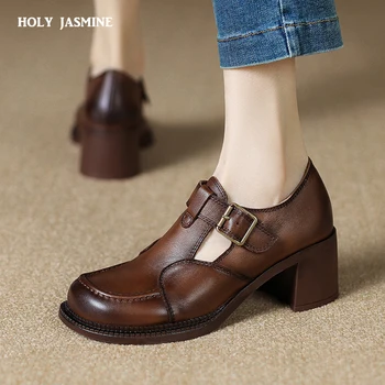 2023 Нови лаконичен реколта дамски обувки-лодка на платформата от естествена кожа на дебелите обувки Дамски обувки Пролет-лято Офис ежедневни дамски обувки на токчета