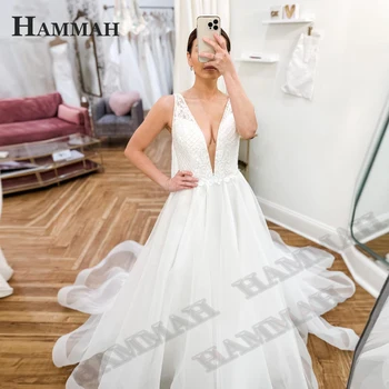 Сватбени рокли без ръкави на бретелях HAMMAH с дълбоко V-образно деколте, дантелени апликации, светкавица, трапециевидные гънки, струята, тюл по индивидуална заявка