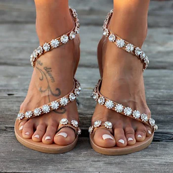 Дамски сандали с декорация във формата на кристали, лятна обувки, дамски плажни сандали на равна подметка, по-големи размери, дамски чехли с мека подметка, женски 43