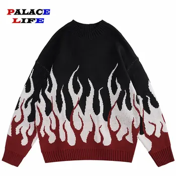 2022 Мъжки пуловер градинска дрехи, вязаный пуловер с образа на огнения пламък, хип-хоп, ретро ретро пуловер, есенен пуловер памук в стил харадзюку