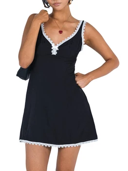 Жена лятно къса рокля-прашка ZZLBUF, черна мини-рокля без ръкави с дълбоко V-образно деколте и дантела тапицерия
