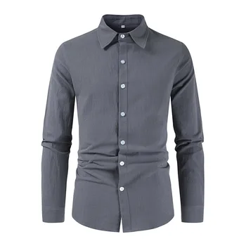 Мъжка риза с яка поло, памучен бельо риза свободно, намаляване, тенденция Ежедневни риза с дълги ръкави