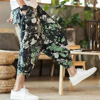 Стилен еластичен колан, удобни летни мъжки скъсяване на панталони с шарките в китайски стил, дишащи ежедневни панталони, градинска облекло