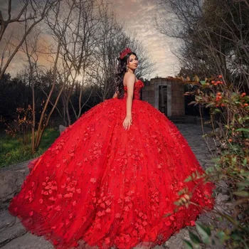 Червено блестящо пищни рокля, сладки 16 рокли, лейси апликация, кристал, наметало с открити рамене, бални рокли дантела, абитуриентски 7-та