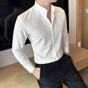 Мъжки модни благородна однотонная ризата е от чист памук, с висока яка, ежедневни бизнес риза с дълъг ръкав, мъжки тънка ежедневни риза