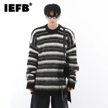 IEFB Мъжки шарен пуловер с кръгло деколте, нишевый дизайн, мъжки прост вязаный сгъсти пуловер, мъжки дрехи, есенна мода 9A6313