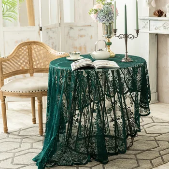 Начало Скандинавски дантелено покритие за масата в дворцов стил, тъмно зелен кръг лейси покривка за украса на стаята