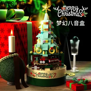 Пъстра Коледна елха, въртяща се музикална ковчег, събрани строителни блокове, креативна декорация, подарък за Коледа, играчка музикална ковчег