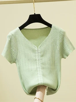 Трикотажная тениска с завязками и диаманти, женска тениска с къс ръкав, летни блузи 2022, тениска, корея, модни дрехи, Camisetas Mujer
