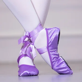 Балетные обувки с панделки за танци, женски балетные обувки с остри чорапи, сатен обувки с мека подметка, обувки за тренировки за възрастни и деца, детска балетна обувки за тренировки