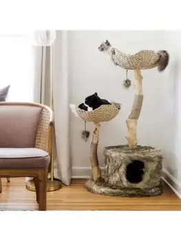 Устойчива рамка за катерене за котки от естествено дърво, легла за котки, платформа за скокове с котешки дърво, играчка за котки, мебели за рязане на ноктите