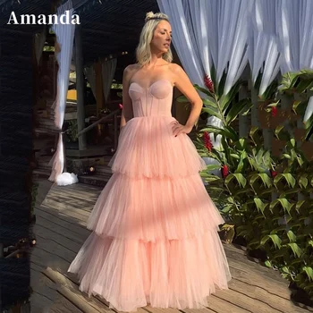 Аманда Принцеса голи розова рокля 2023 нежна فستان سهرة многослойни вечерни рокли без ръкави, сватбена вечерна рокля