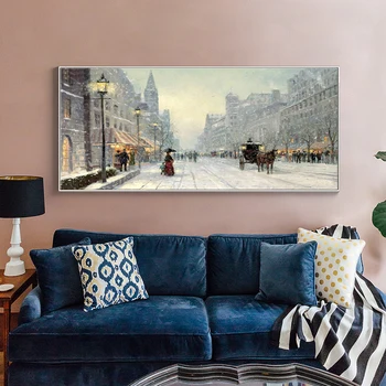 Модерен абстрактен градски зимата снежна пейзаж, картина с маслени бои върху платно, постери и щампи, Куадрос, стенни художествени картини за хол