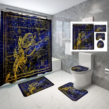 Комплекти завесата за душа в стила на съзвездието от 4 теми с капак за тоалетна и нескользящим подложка за баня, комплект непромокаеми завеса за душ Скорпион