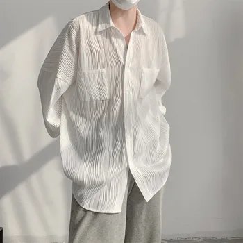 Текстура Чаопай, плиссированная риза ins с дълъг ръкав, мъжки пролетно дизайнерска риза, без драперия, мъжко яке от ледената коприна