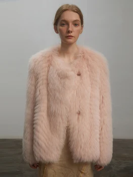 Розово дамско палто от естествена лисьего кожа, къса младежка вязаная дебела топло яке с кръгло деколте и дълъг ръкав, однотонная яке с висока лампа на дрямка за жени
