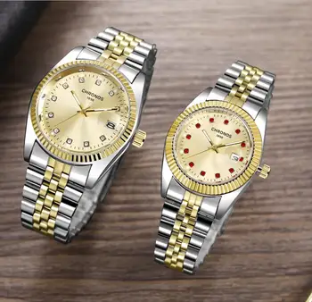 Луксозни маркови часовници за жени, мъжки водоустойчив часовник, мъжки календар, кварцов часовник, напълно стоманени дамски мъжки часовници, сдвоени часове