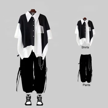 Нов Мъжки Уличен костюм от две части на веригата с дълъг ръкав + Панталони-верига с Панделка, Панталони-Карго в стил Харадзюку, Комплекти от 2 теми, Мъжки Костюми