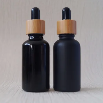 Козметични бутилка от матирано черно стъкло с капельницами, бамбук покритие, контейнер за етерични масла, парфюмерия, Опаковане на продукти за грижа за кожата за еднократна употреба