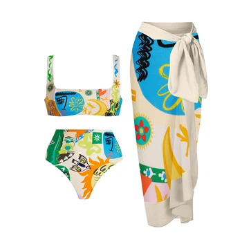 Бански от две части с абстрактни цветни принтом, плажна бикини, празнична плажно облекло, дизайнерски бански костюми, летни дрехи за сърфиране