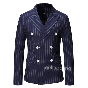 Синьо/сиво/черно оборудвана мъжки блейзър, нова модни дрехи, ежедневни бизнес стил, двубортный костюм, сако, мъжки блузи за бала, палто