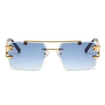 Слънчеви очила без рамки с двоен мост за мъже, сини, кафяви, черни метални квадратни дамски слънчеви очила, модерен очила за пътуване в европейски стил
