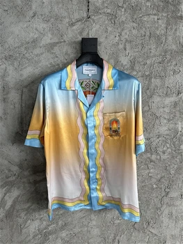 модерен дамски блуза 2023, градиент на коприната на ризата Казабланка-за мъже и жени, 1:1, високо качество на хавайски плаж ризи с къс ръкав
