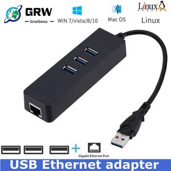 USB Ethernet Адаптер 3 Порта USB 3.0 ХЪБ USB мрежова карта lan Rj-45 за Macbook Mac Desktop + Кабел за Зарядно устройство Micro USB