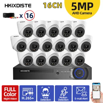 HKIXDISTE 5MP 16-канален Видеорекордер Комплект Система за видеонаблюдение 5MP 8/16 бр. Цветни Нощен AHD Помещение Комплект система за видеонаблюдение