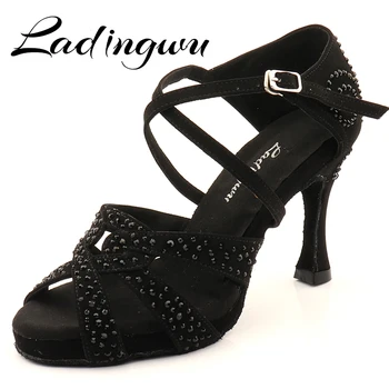 Ladingwu/ черно-танцови обувки с пайети, обувки за латино танци, черни велурени танцови обувки за салса, обувки на платформа с вътрешен увеличаване на