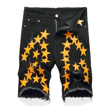 Летни нови мъжки дънкови къси панталони, модни памучен градинска дрехи с бродирани оранжеви звезди, преки свободни дънки с дължина до коляното, мъжки марка