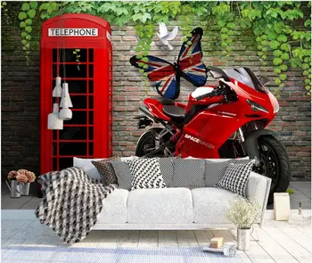 изработена по поръчка стенопис 3d фотообои Червена телефонна будка мотоциклет тухлена стена голям размер хол начало декор тапет на стената