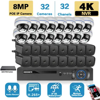 32CH 4K NVR HD POE Комплект Външна Система за видеонаблюдение 8MP Метална POE IP Куршум Куполна Камера Комплект Система за видеонаблюдение XMEYE 24CH