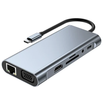 11 В 1 Зарядно устройство Type C USB Хъб 3.0 Сплитер Многопортовый Адаптер 4K, HDMI-Съвместим RJ-45 SD/TF VGA PD Ethernet Порт, аудио жак