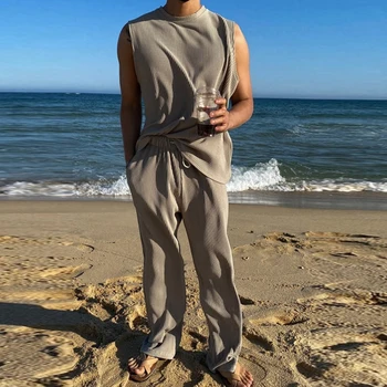 Летен плажен комплект от две части, мъжки модни свободна однотонная риза и панталони с кръгло деколте без ръкави, костюми, облекла в рубчик, мъжки дрехи