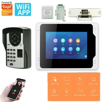 Sasha APP Control 7-инчов екран Wifi безжичен видео домофон звънец домофонна система, парола на пръстови отпечатъци комплект IR камера