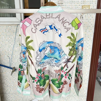 Цветна риза КАЗАБЛАНКА SURF CLUB с дълъг ръкав от фина коприна, за мъже и жени, Хавайски плажни ризи с кокосово принтом, големи размери