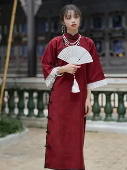 2023 ново китайското традиционно винтажное рокля ципао, източно рокля чонсам, женски свободно дантелено винтажное рокля ципао, червен чонсам